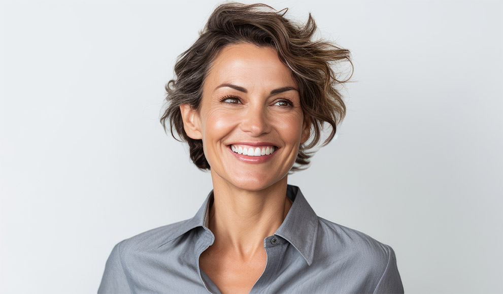Portrait of a smiling businesswoman looking at camera over white background