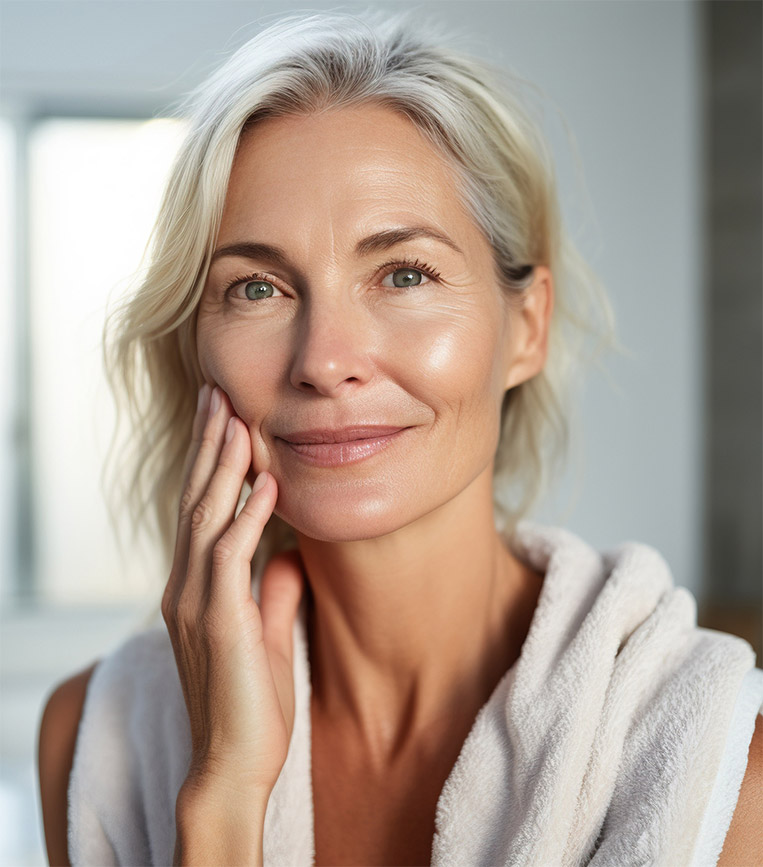 Headshot of gorgeous mid age adult 50 years old blonde woman standing in bathroom after shower touching face, looking at reflection in mirror doing morning beauty routine.