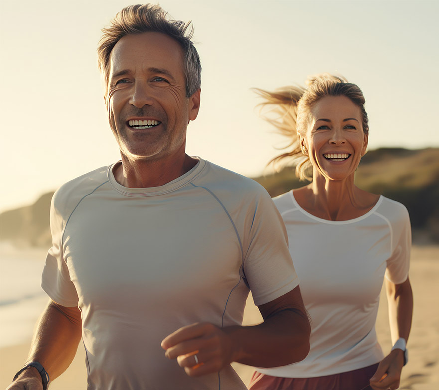 Smiley middle aged Caucasian couple during jogging workout on the beach. Jogging workout.